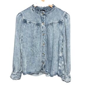 Rails Women's Camille Sapphire Ruffle Trim Acid Wash Denim Top Size M
